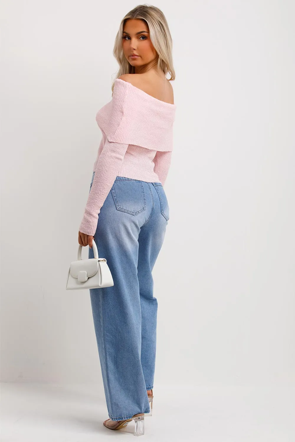 Bardot Jumper With Fold Over Detail Pink