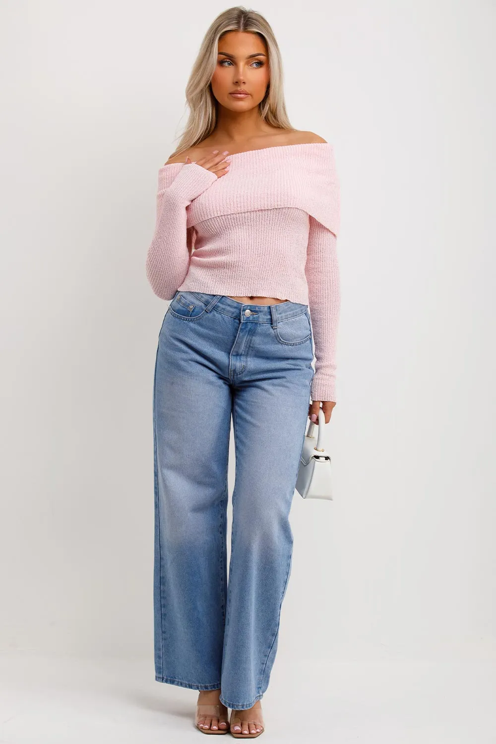 Bardot Jumper With Fold Over Detail Pink