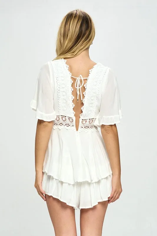 Beckett Flutter Sleeved Short Romper with Crochet Trim