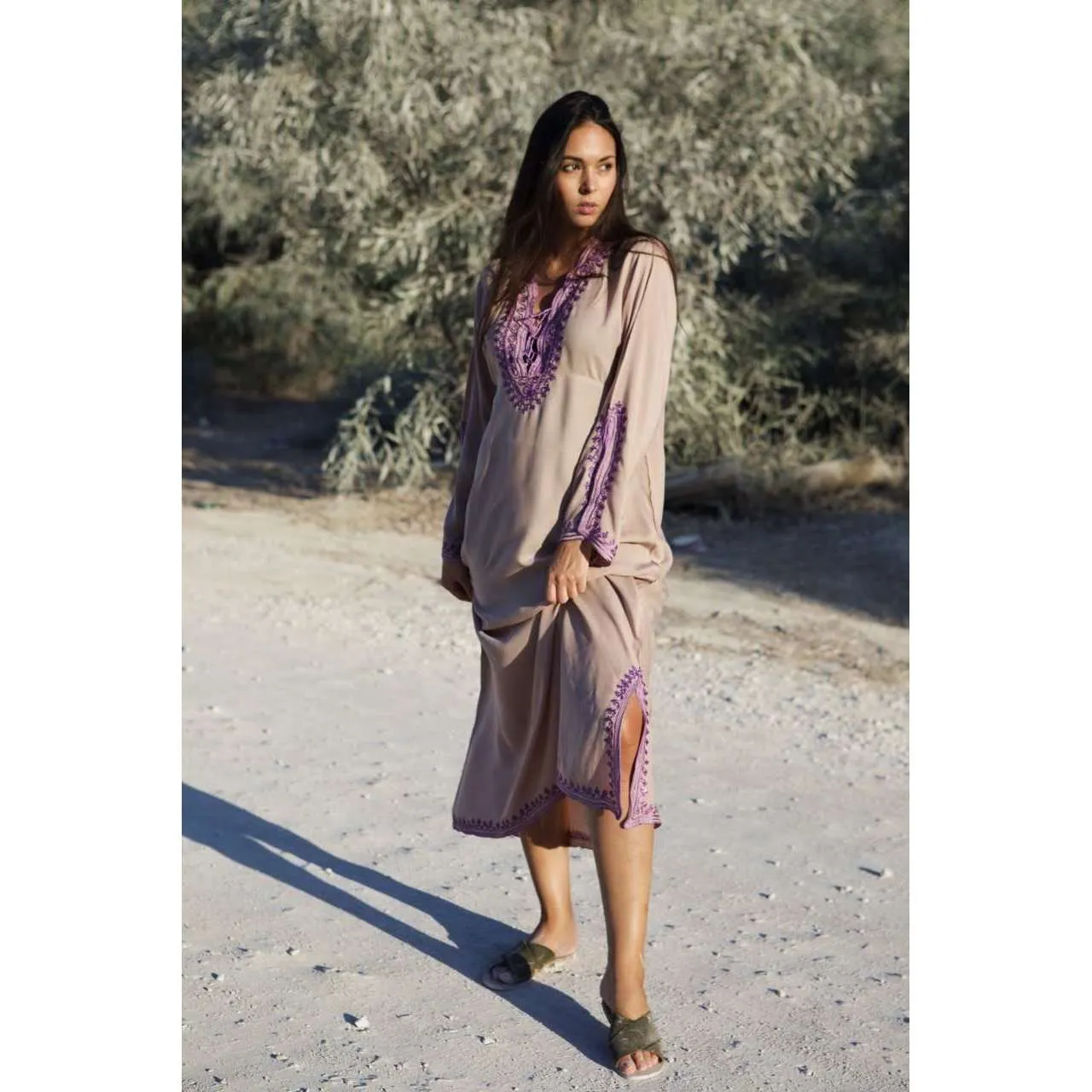 Beige with Lilac Caftan Kaftan Nadia Maxi Dress-moroccan kaftan