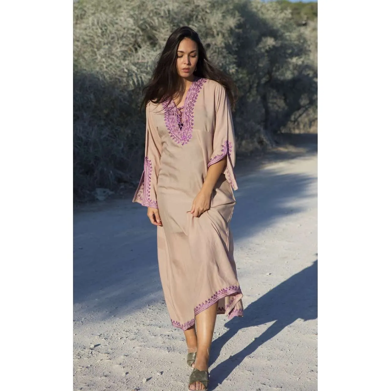 Beige with Lilac Caftan Kaftan Nadia Maxi Dress-moroccan kaftan