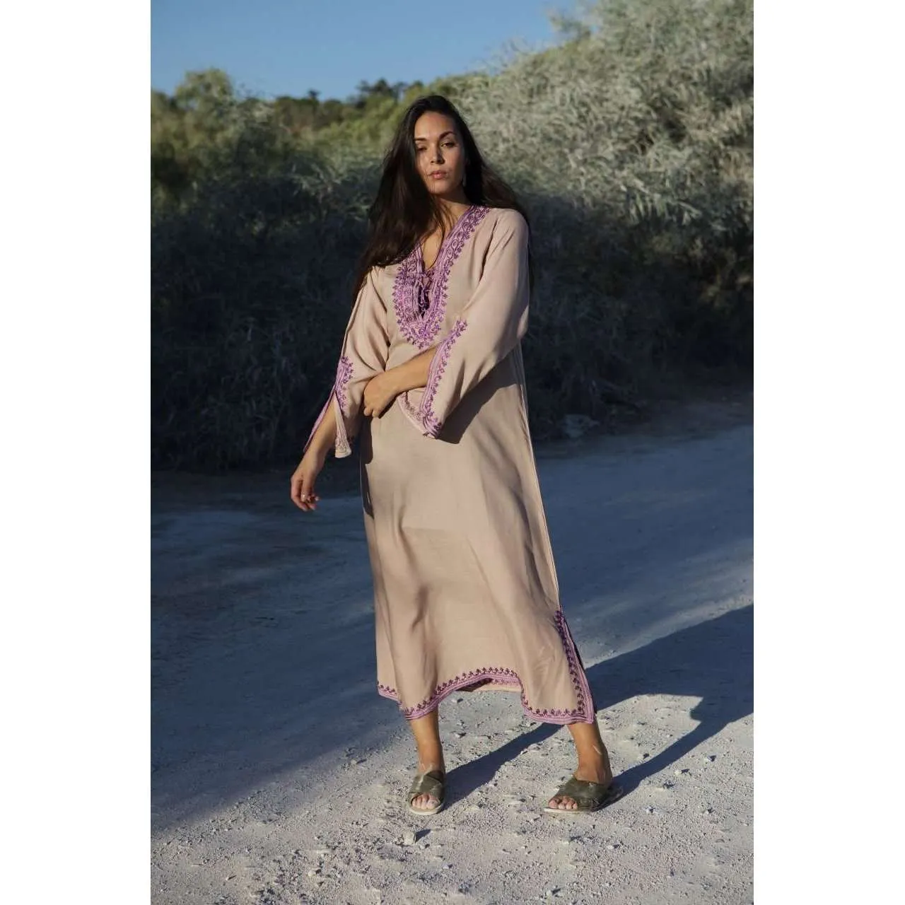 Beige with Lilac Caftan Kaftan Nadia Maxi Dress-moroccan kaftan