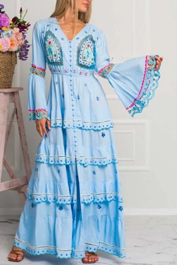 Bell Sleeve Ruffle Bohemian Long Dress