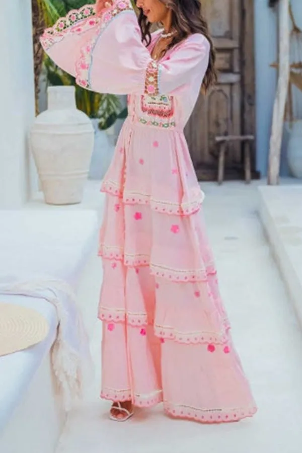 Bell Sleeve Ruffle Bohemian Long Dress