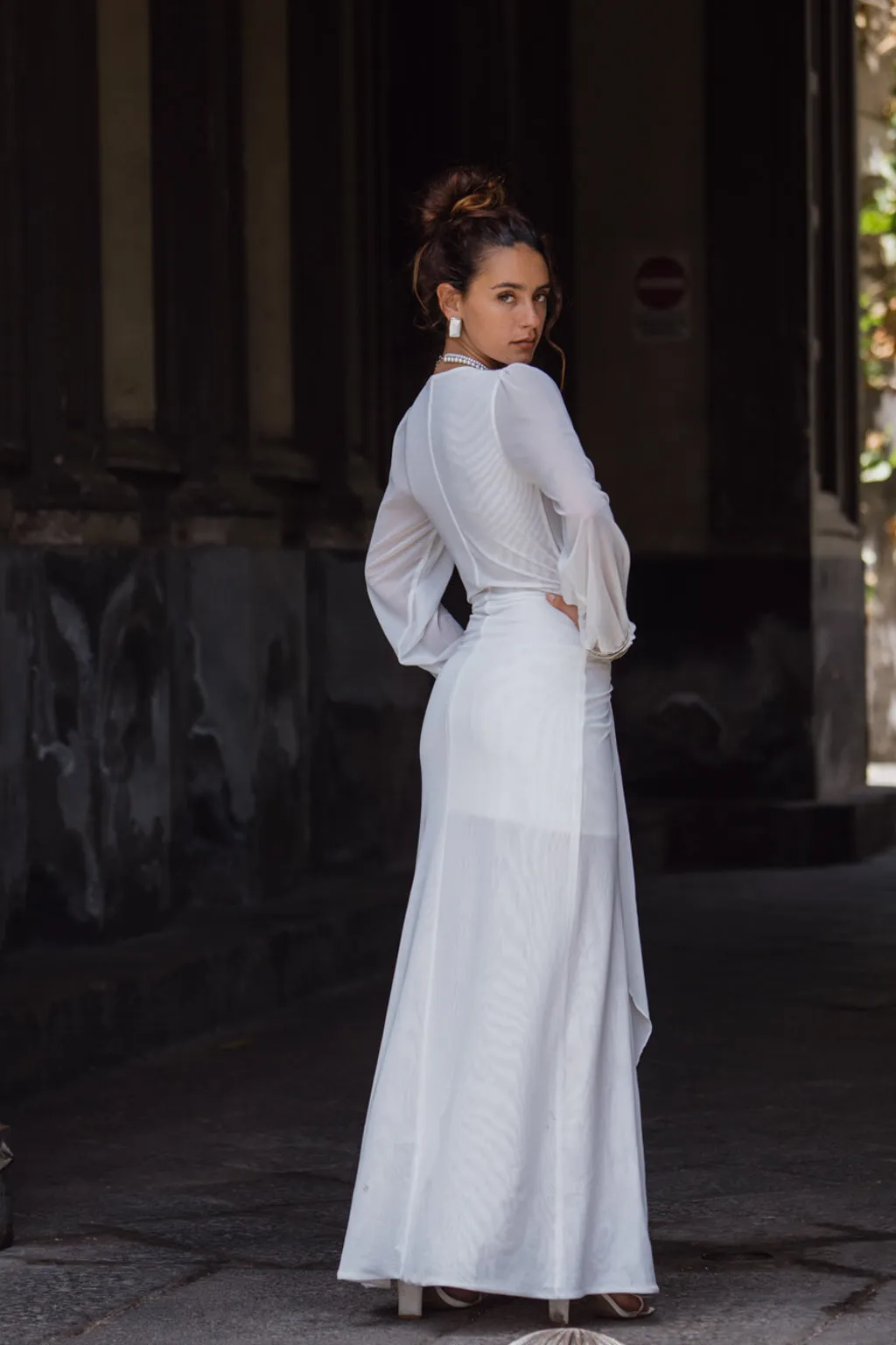 Bella White Mesh Plunge Maxi Dress