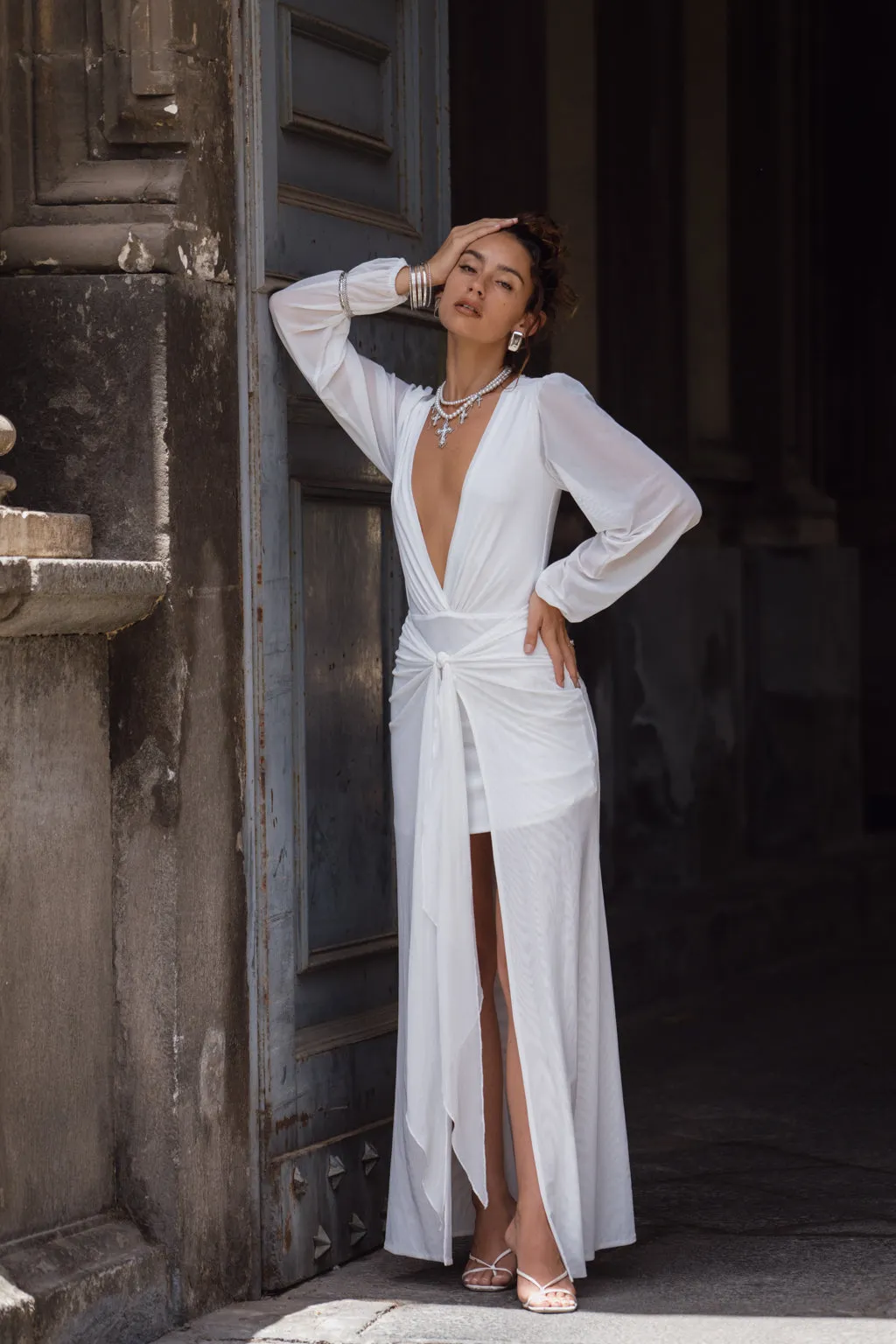 Bella White Mesh Plunge Maxi Dress