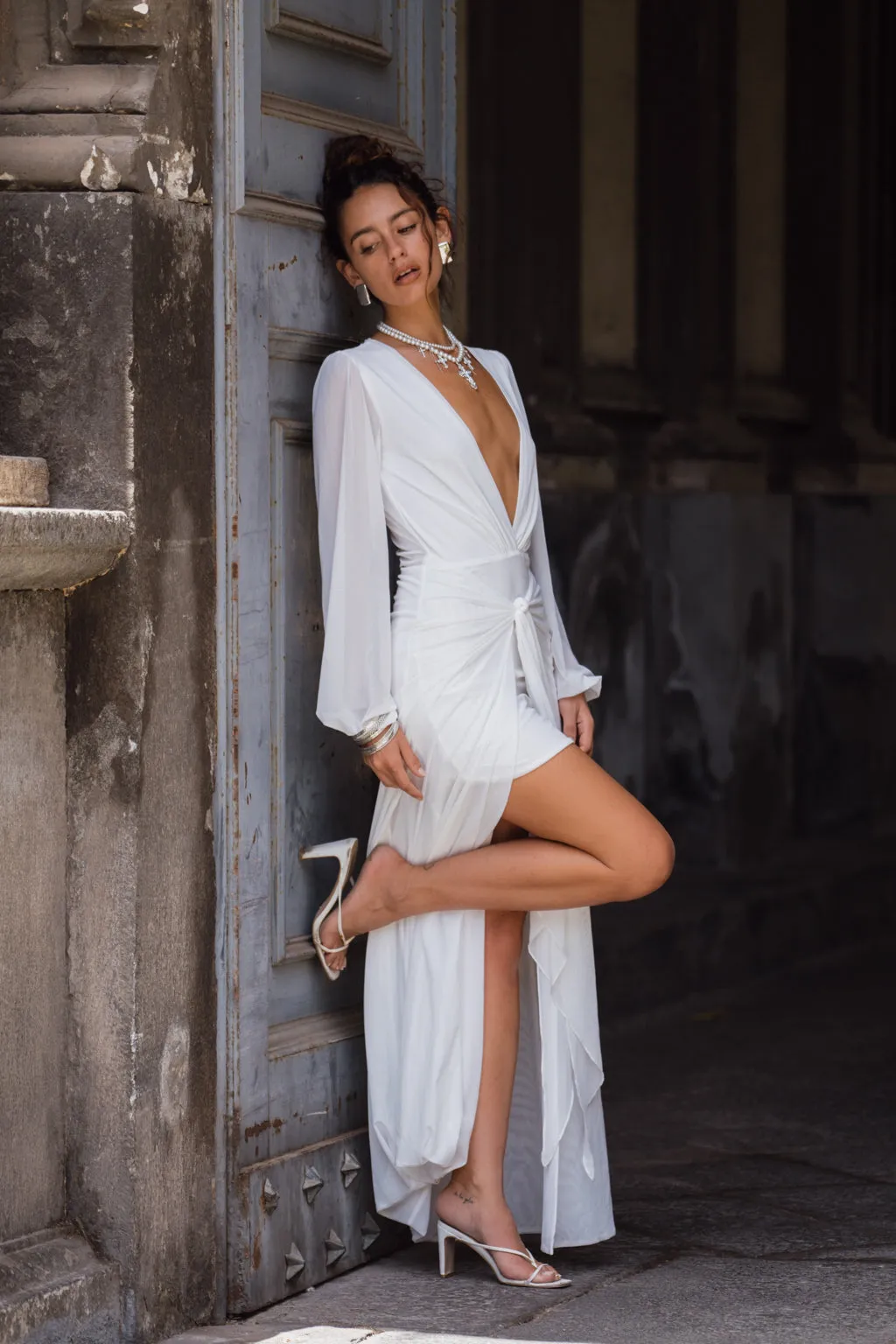 Bella White Mesh Plunge Maxi Dress