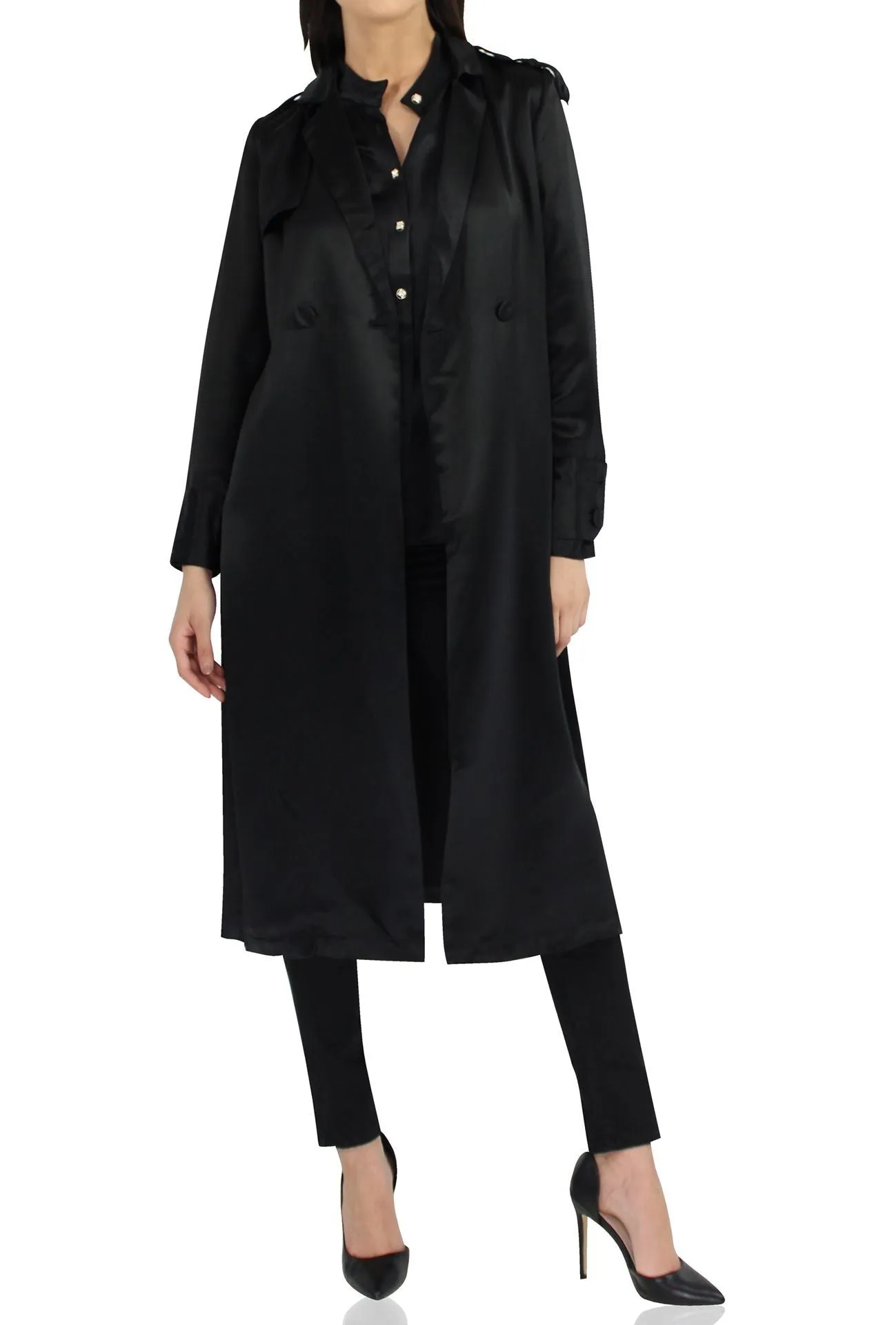 Belted Satin Trench Coat In Black