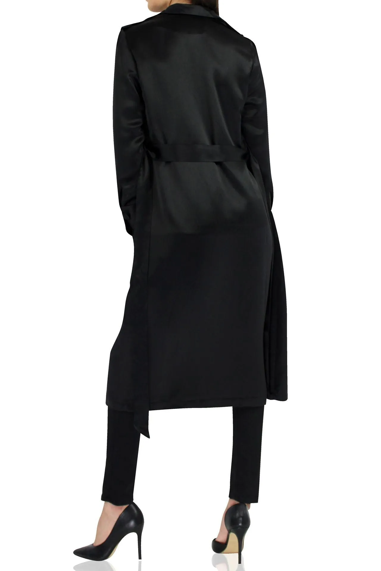 Belted Satin Trench Coat In Black