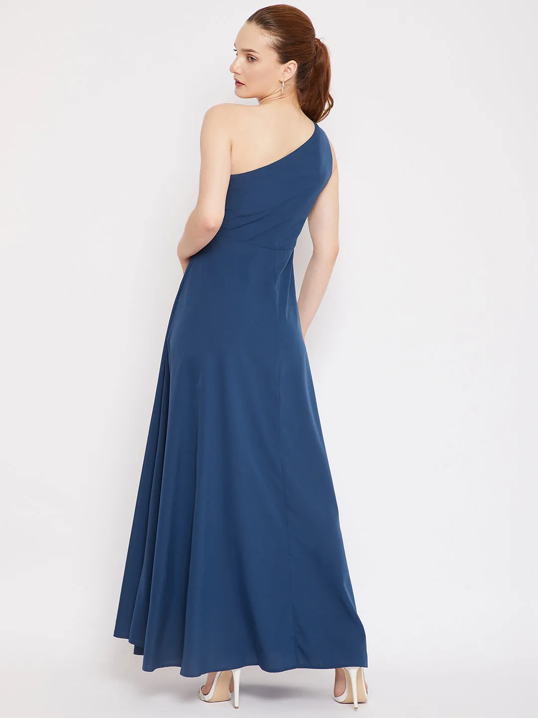 Berrylush Women Solid Blue One-Shoulder Neck Thigh-High Slit Flared Maxi Dress