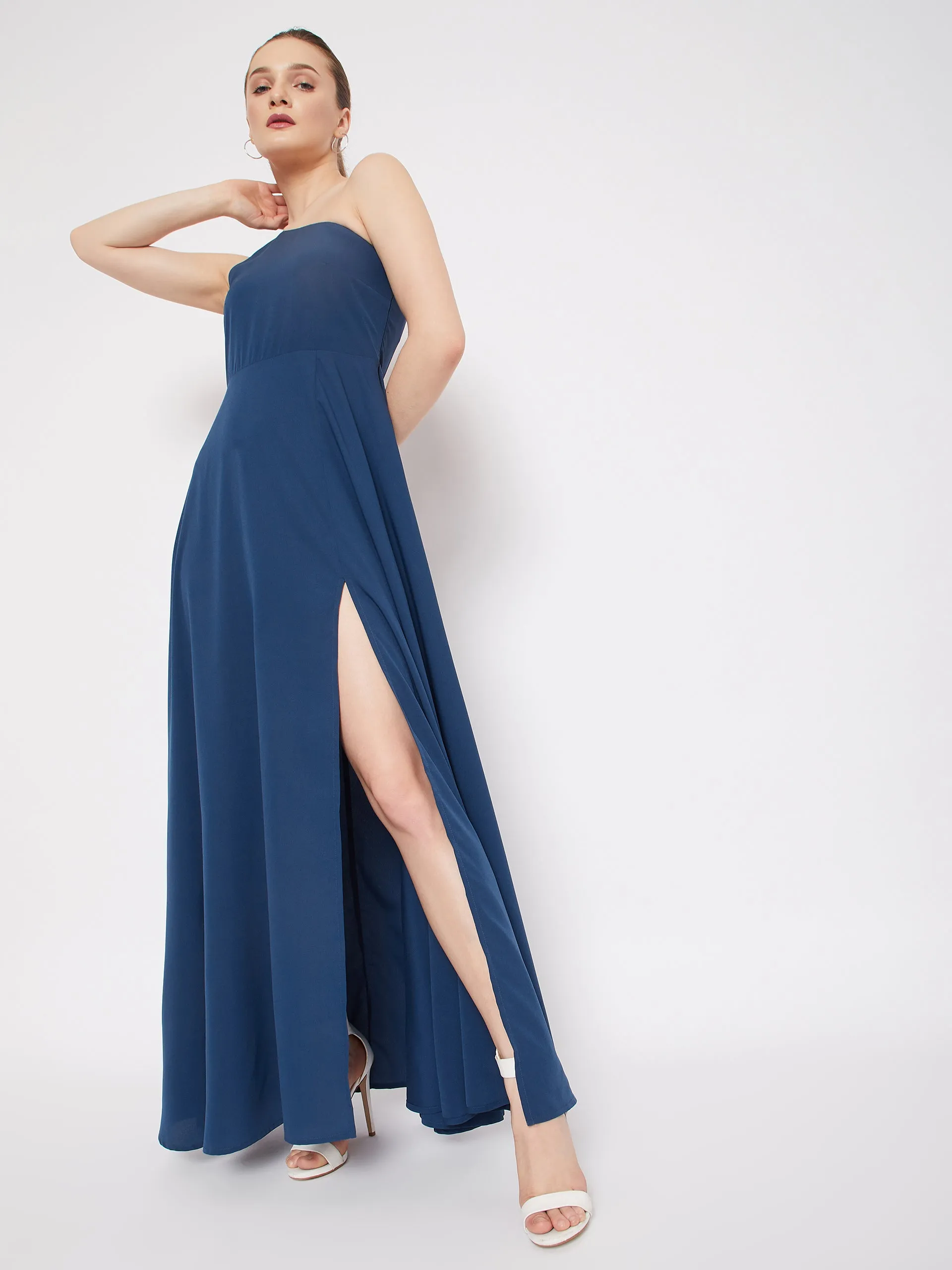 Berrylush Women Solid Blue One-Shoulder Neck Thigh-High Slit Flared Maxi Dress