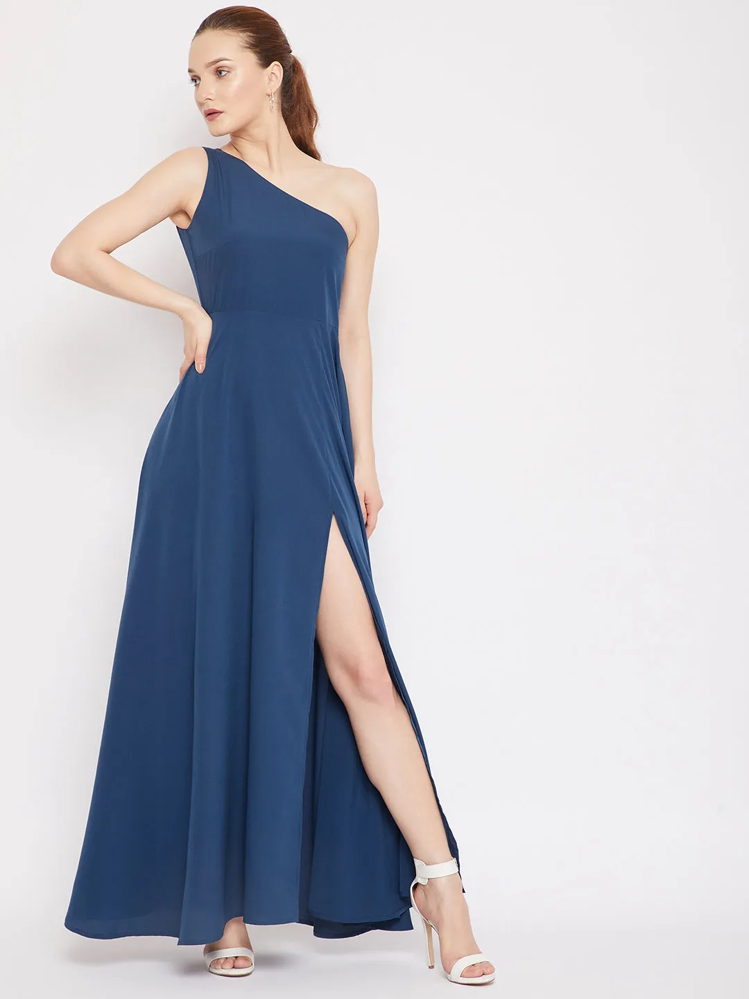 Berrylush Women Solid Blue One-Shoulder Neck Thigh-High Slit Flared Maxi Dress