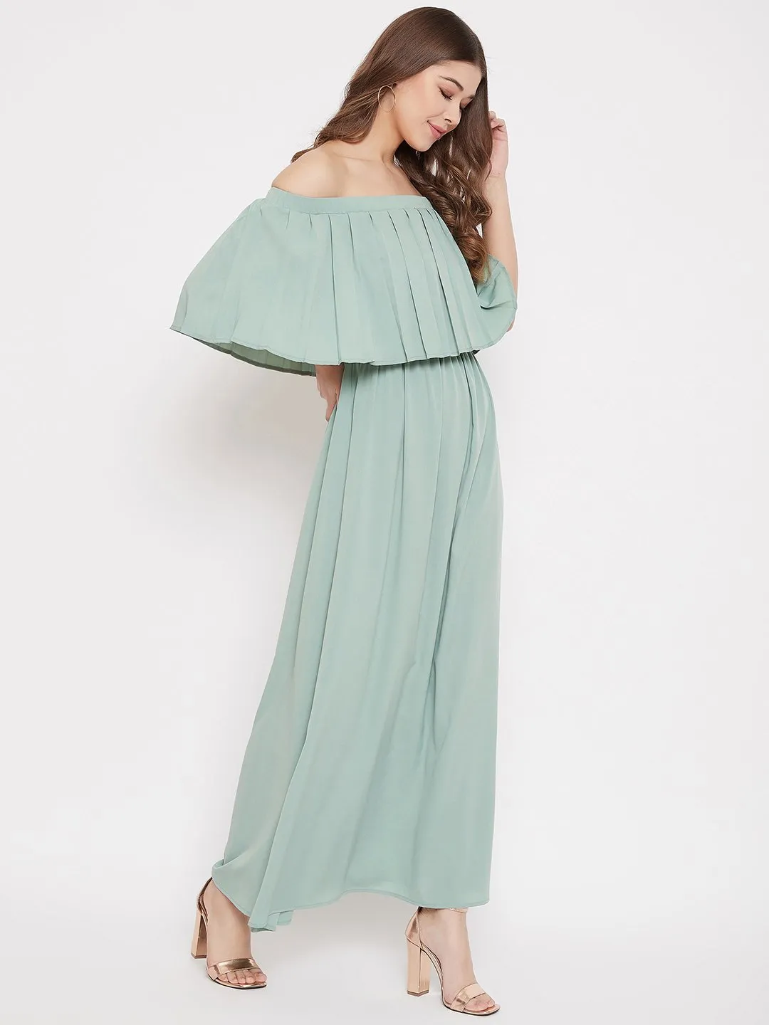 Berrylush Women Solid Light Green Off-Shoulder Neck Three-Quarter Sleeve Crepe Flared Maxi Dress