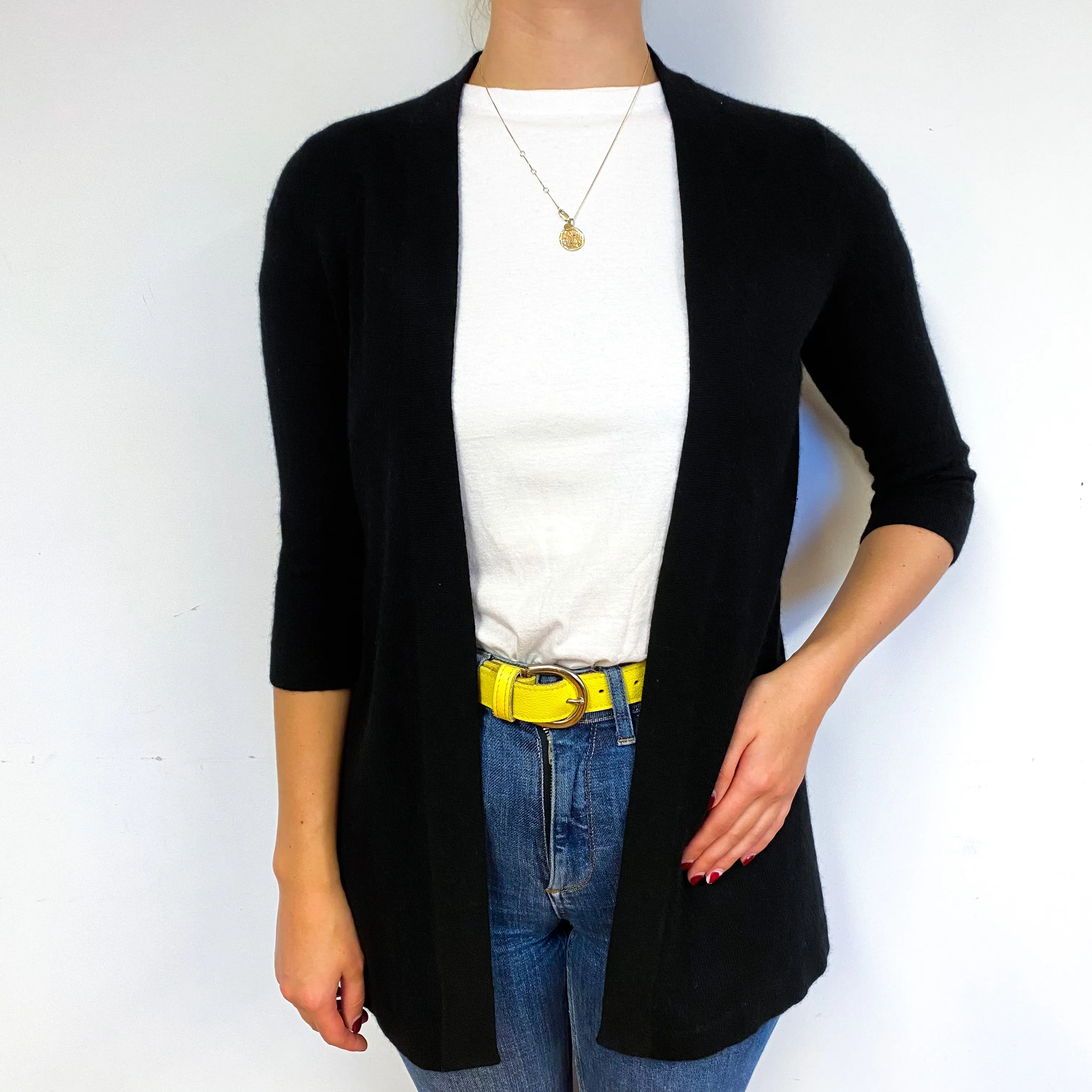 Black 3/4 Sleeve Cashmere Edge to Edge Cardigan Small