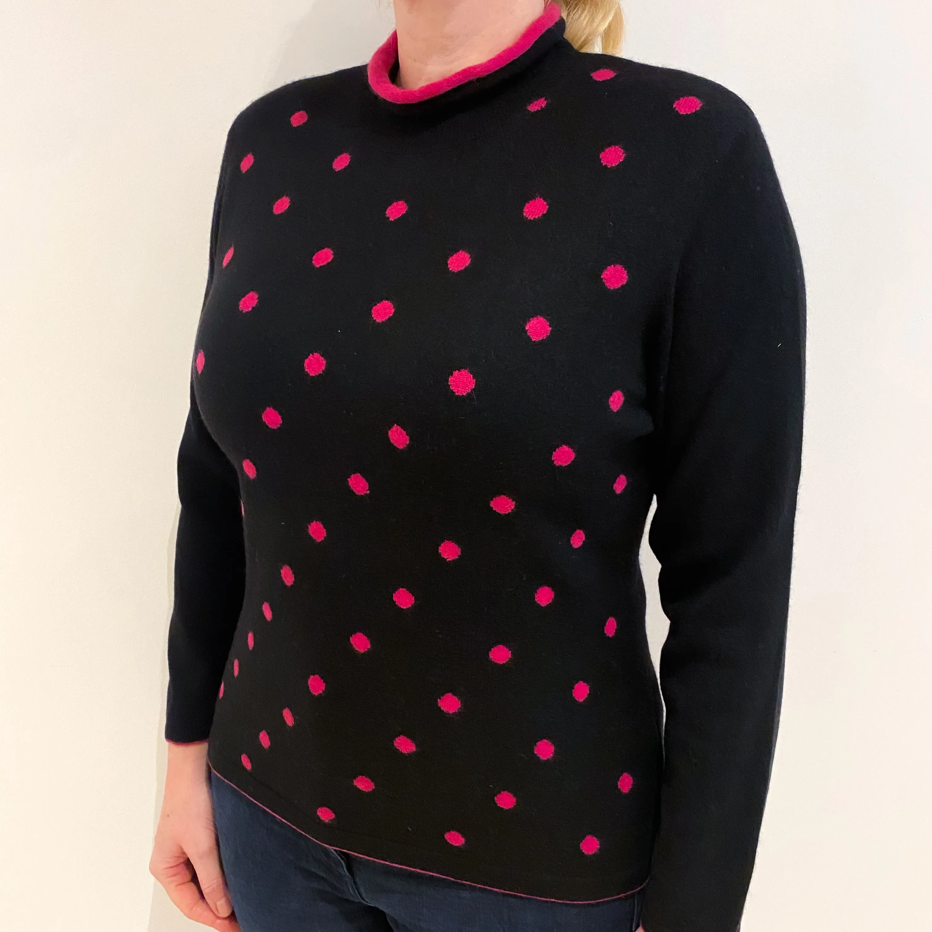 Black And Pink Spot Design Cashmere Turtle Neck Jumper Large