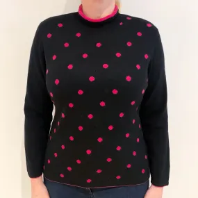 Black And Pink Spot Design Cashmere Turtle Neck Jumper Large