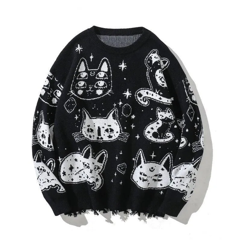 Black and White Cats Knitted Jumpers Casual Sweater Stars Kitten Fun Unique Geek Chic Warm Fun Weird Ugly Pullover