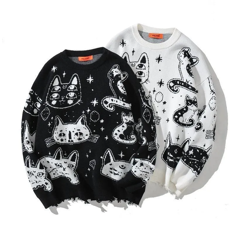 Black and White Cats Knitted Jumpers Casual Sweater Stars Kitten Fun Unique Geek Chic Warm Fun Weird Ugly Pullover