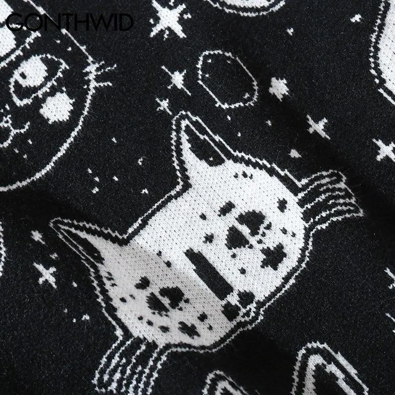 Black and White Cats Knitted Jumpers Casual Sweater Stars Kitten Fun Unique Geek Chic Warm Fun Weird Ugly Pullover