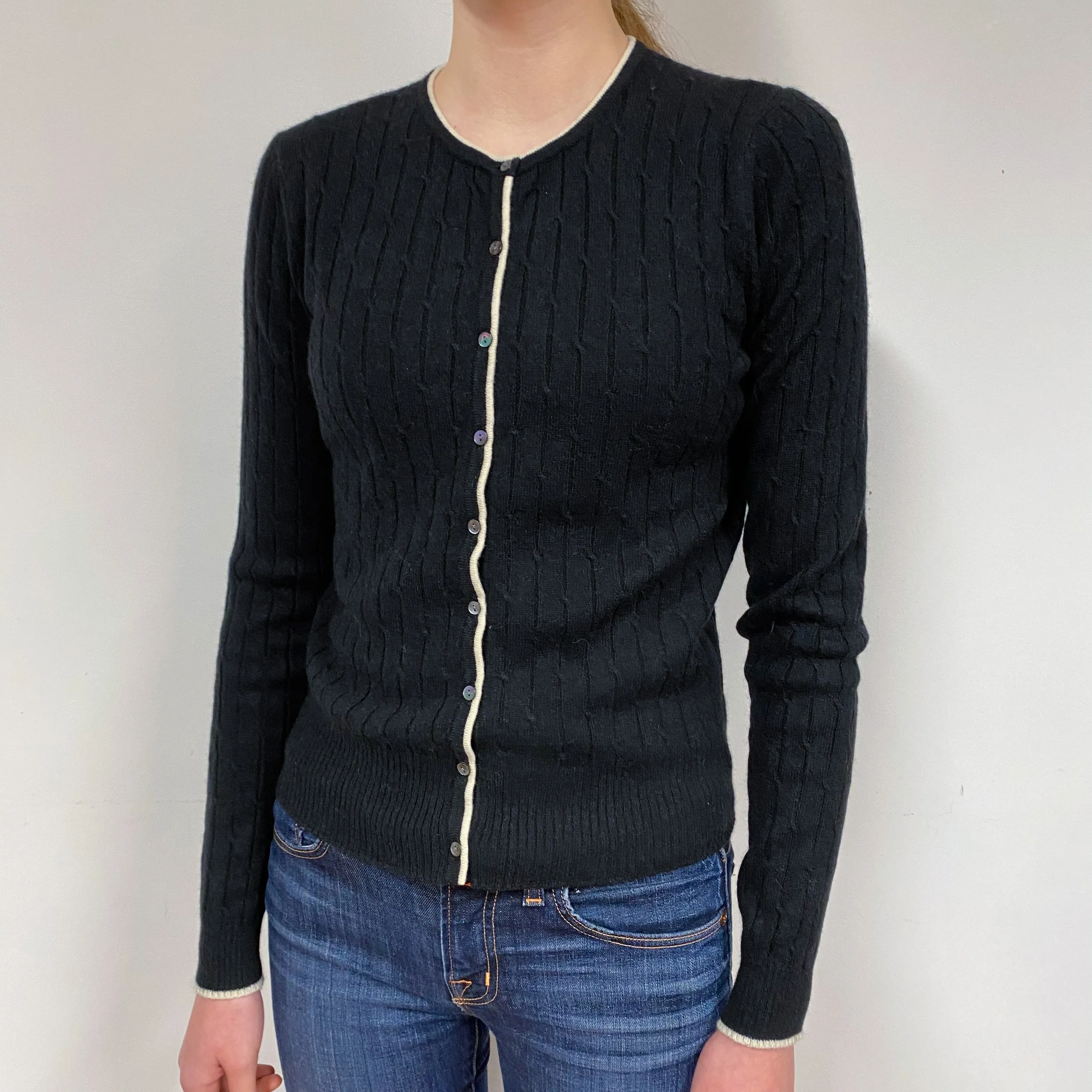 Black Cable Cashmere Crew Neck Cardigan Extra Small