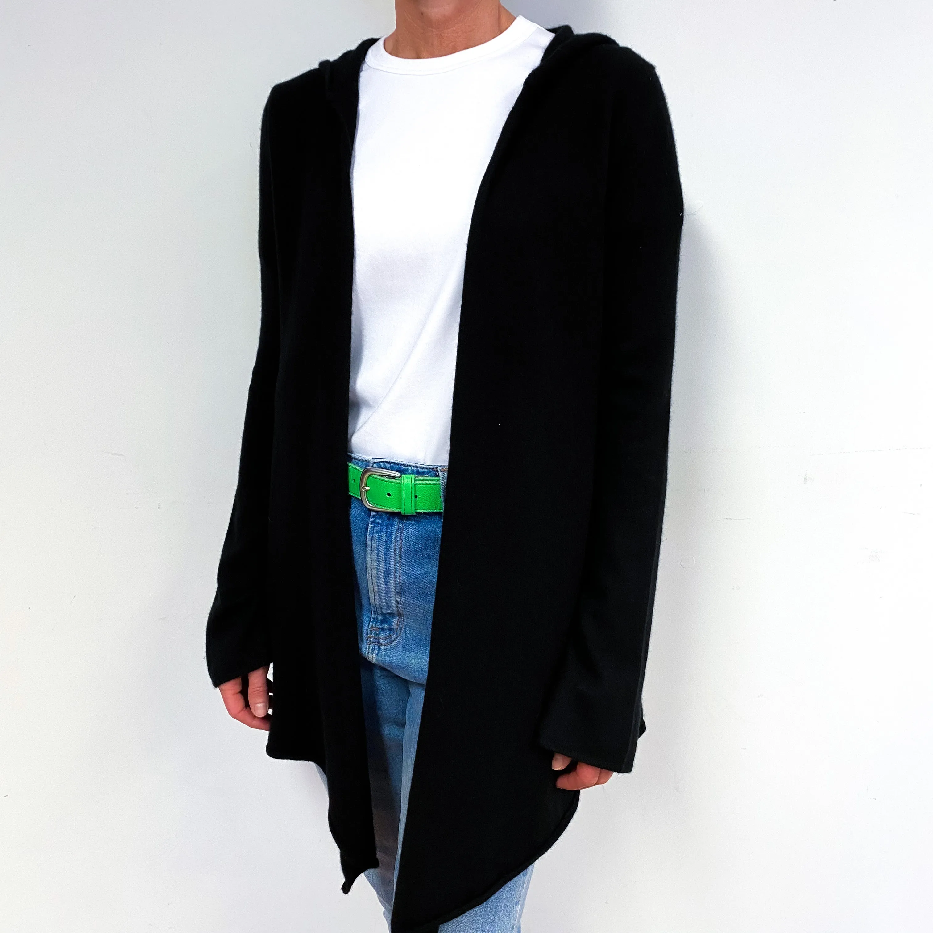 Black Hooded Cashmere Waterfall Cardigan Medium