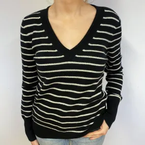 Black Ivory Stripe Cashmere V-Neck Jumper Small