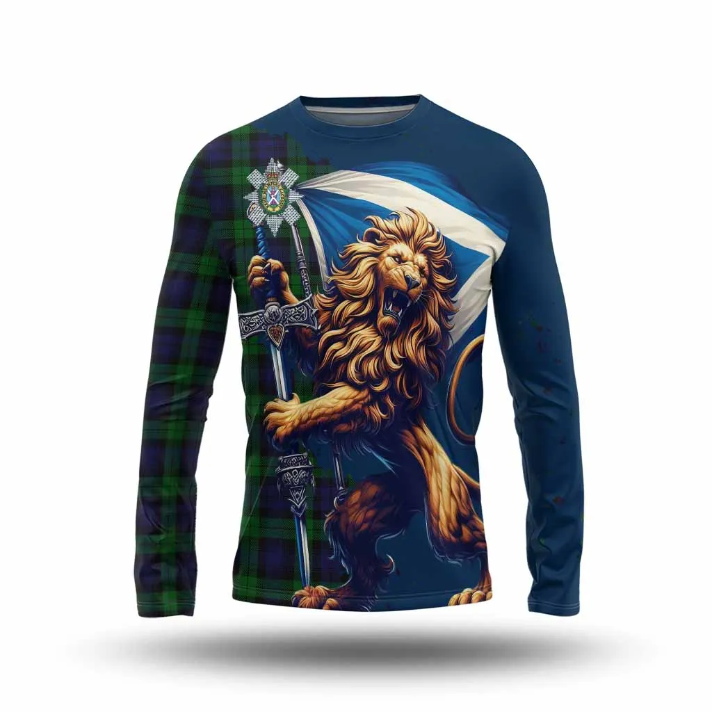 Black Watch Tartan Family Crest Long Sleeve T-Shirt with Scottish Majestic Lion