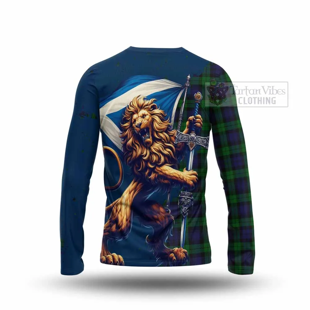 Black Watch Tartan Family Crest Long Sleeve T-Shirt with Scottish Majestic Lion