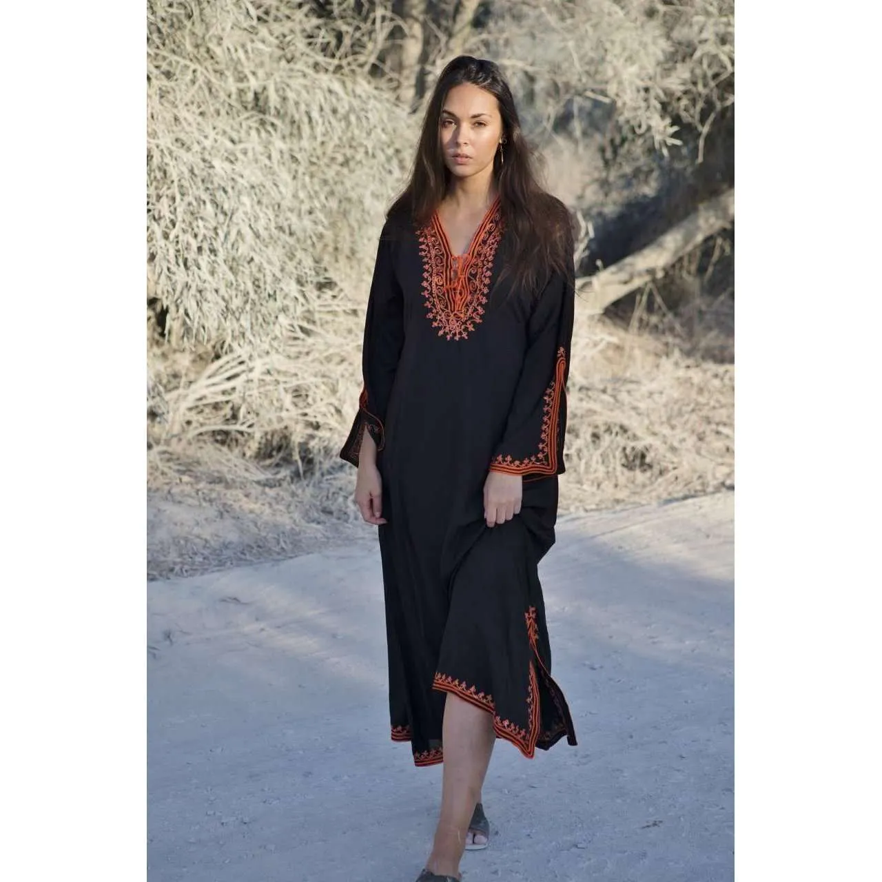 Black with Orange Caftan Kaftan Nadia Maxi Dress-moroccan kaftan