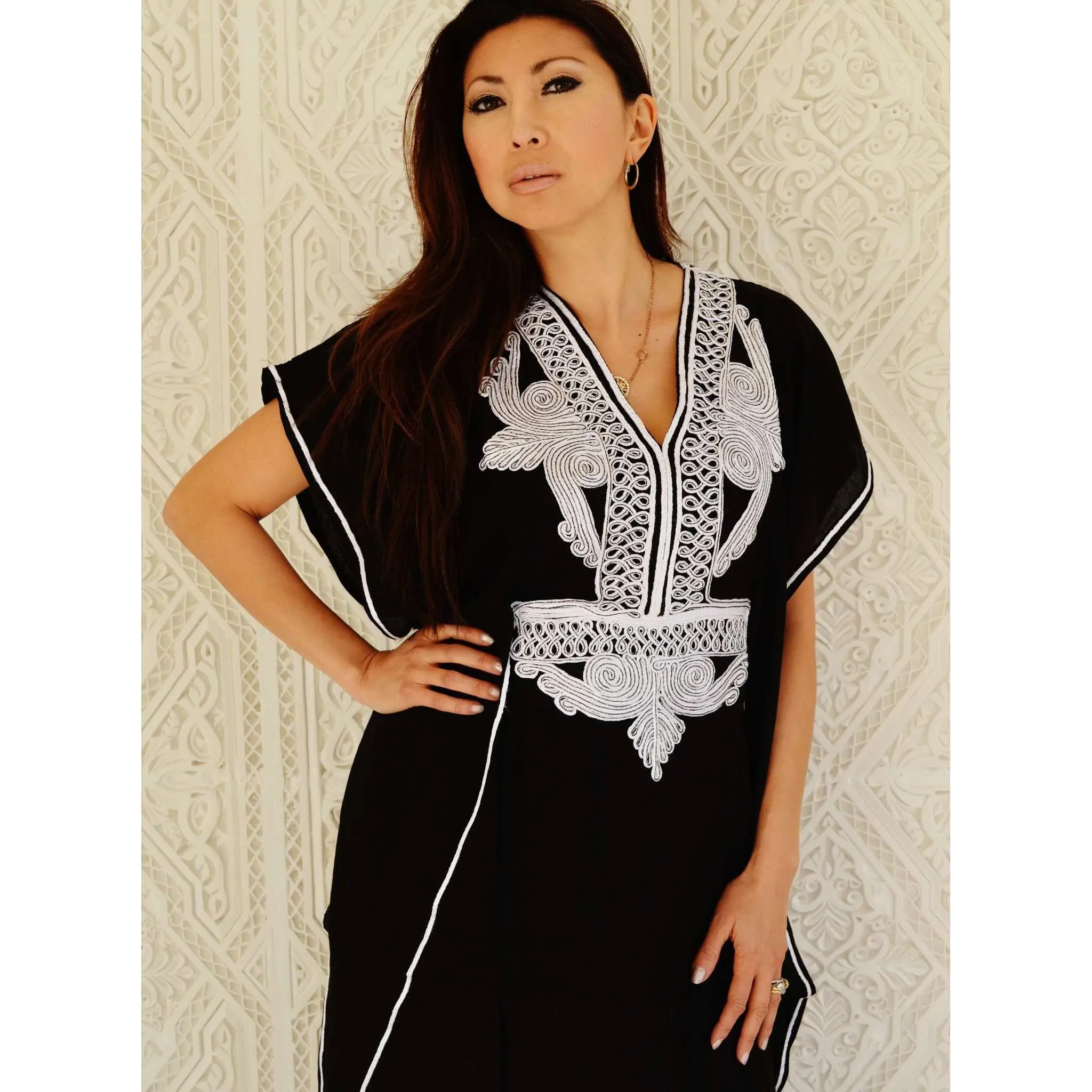 Black with White Embroidery Marrakech Resort Kaftan