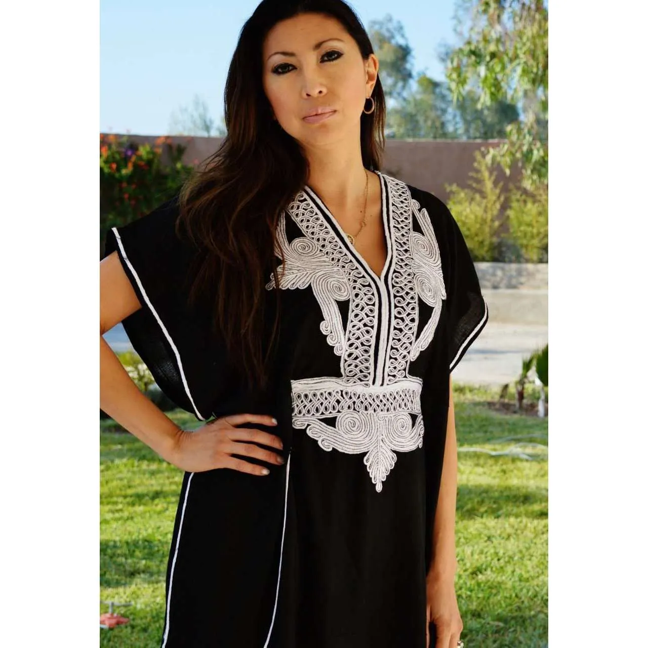 Black with White Embroidery Marrakech Resort Kaftan