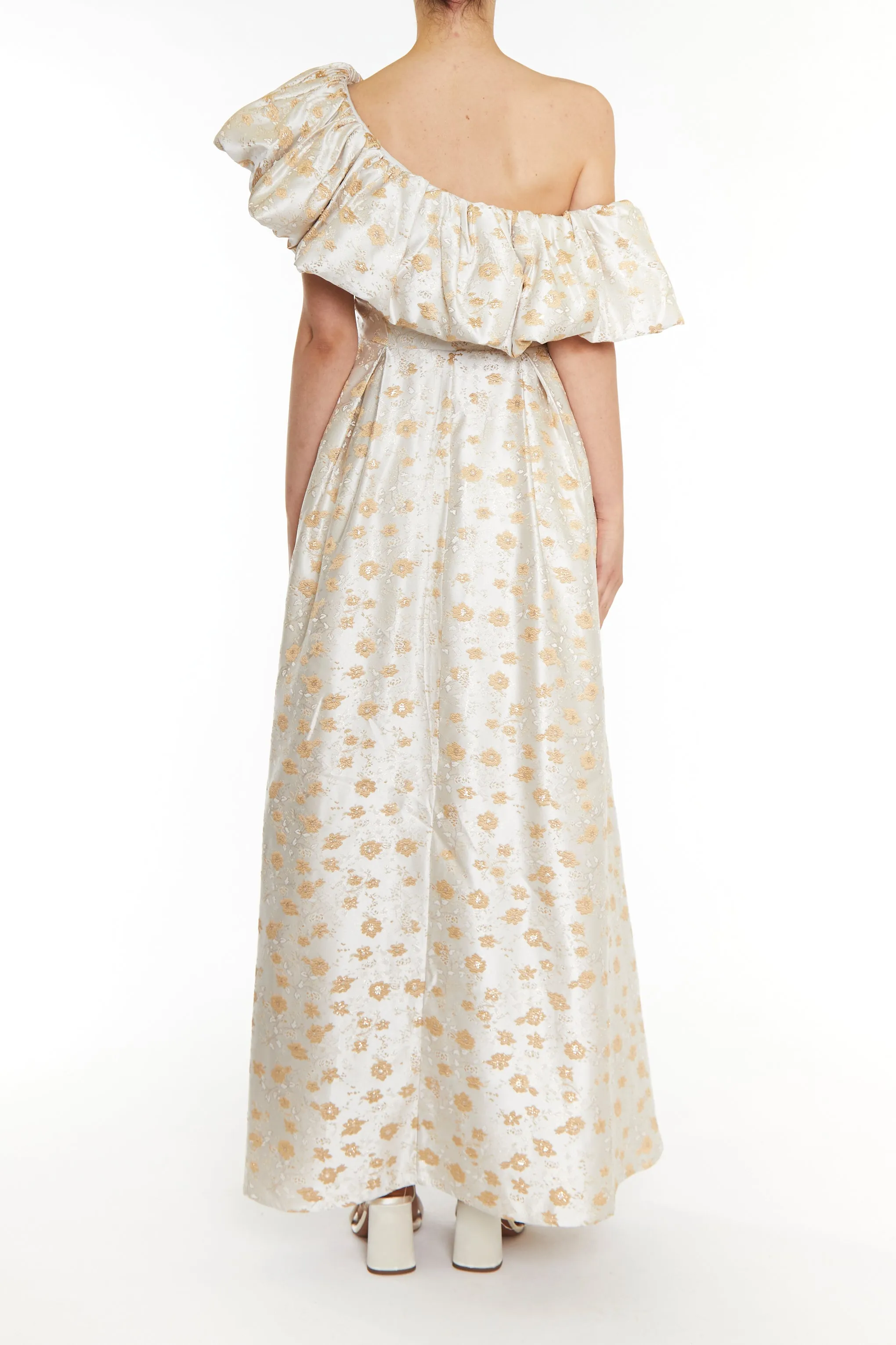 Blake Cream Gold Jacquard Puff One Shoulder Maxi-Dress