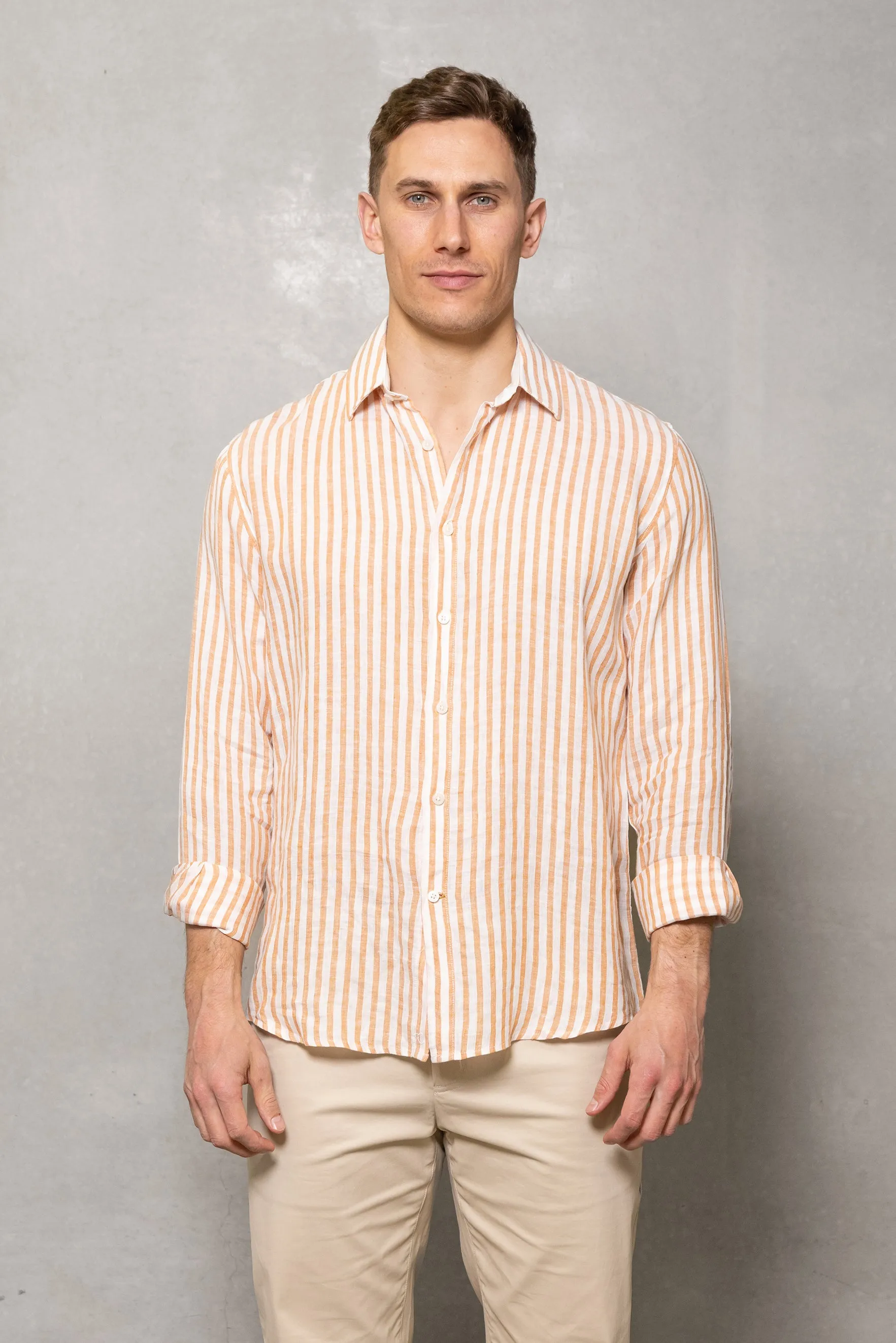 Blake Linen Stripe Shirt: Burnt Orange