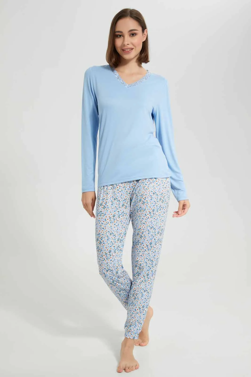 Blue Long Sleeve Pyjama Set For Women (2 Piece)