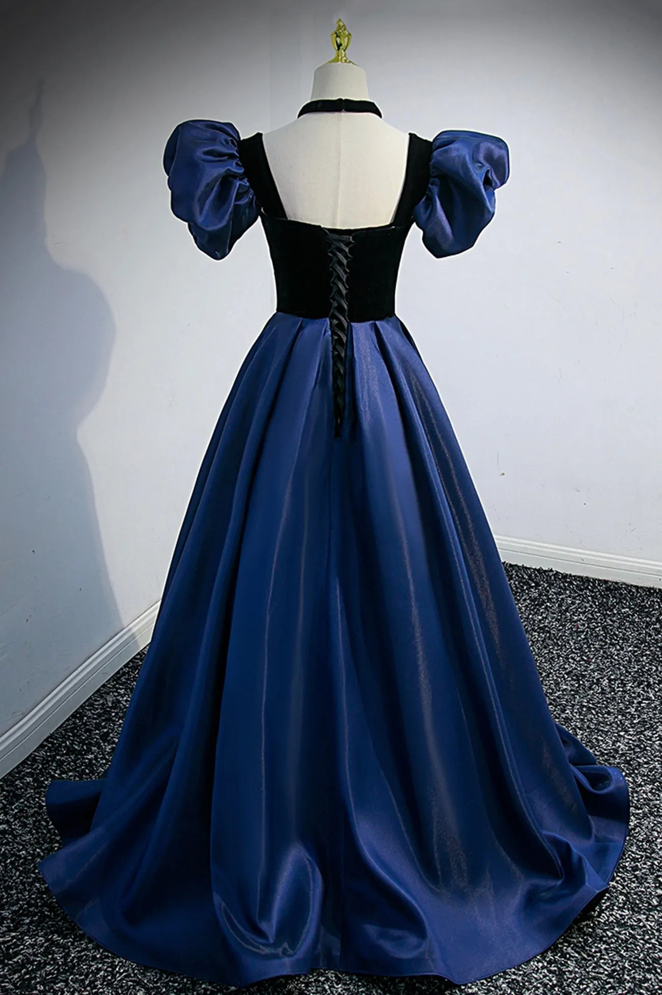 Blue Satin Lace Long Prom Dress, Blue Short Sleeve Evening Party Dress