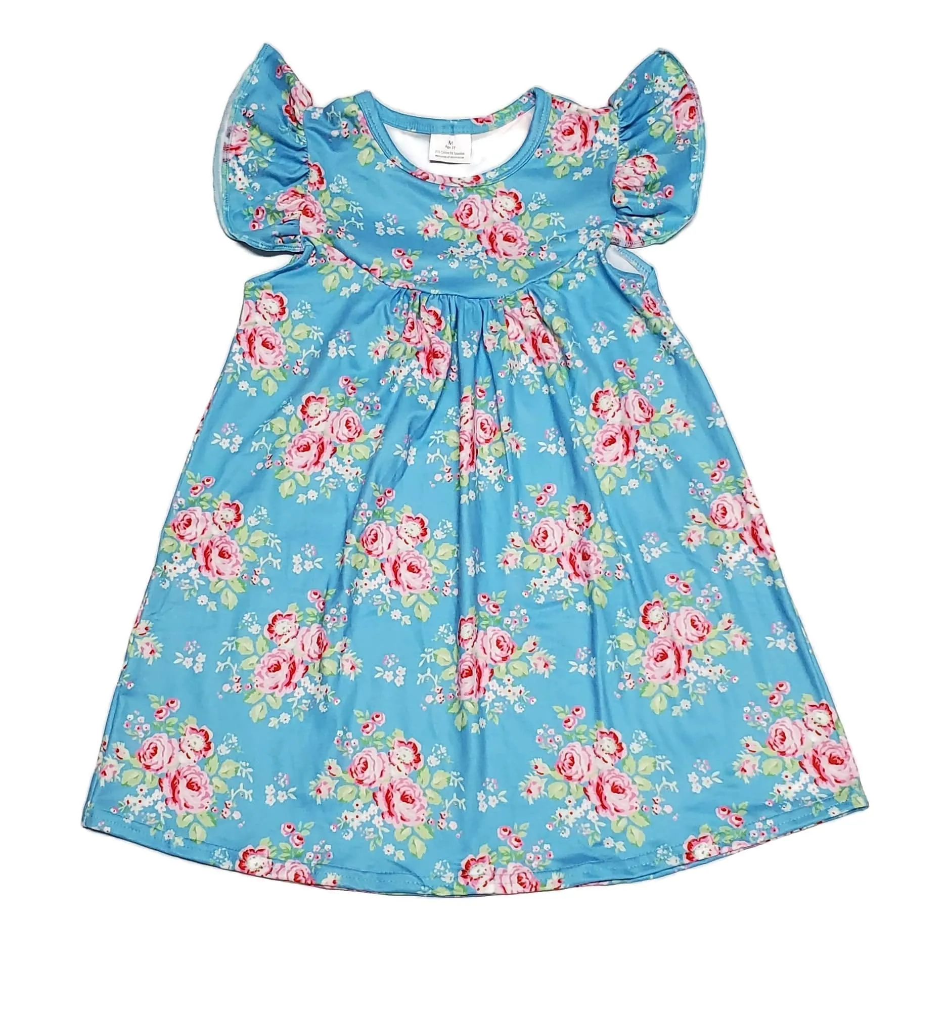 Blue Spring Floral Milk Silk Flutter Dress