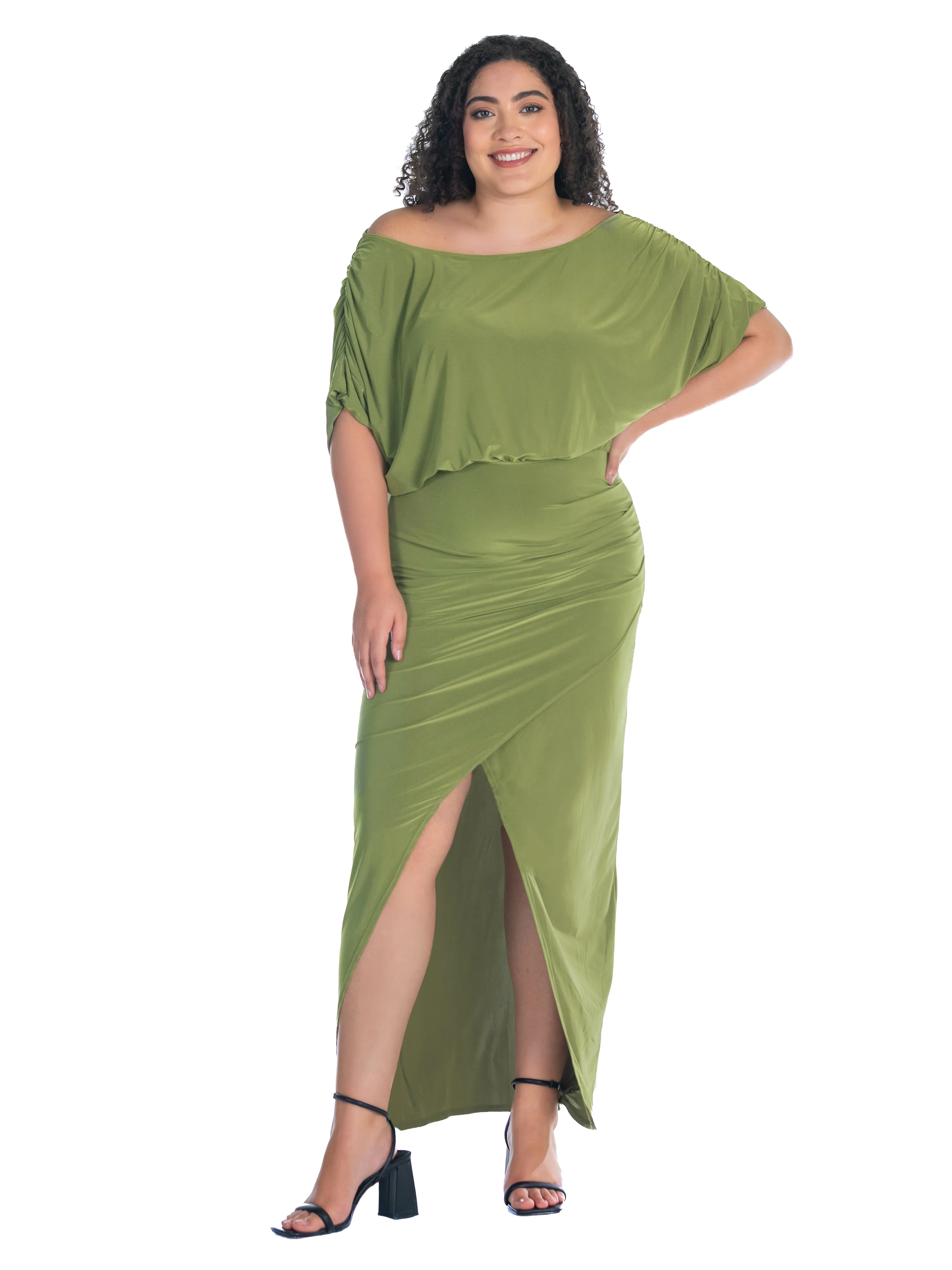 Boat Neck Batwing Sleeve Slit Plus Size Maxi Dress