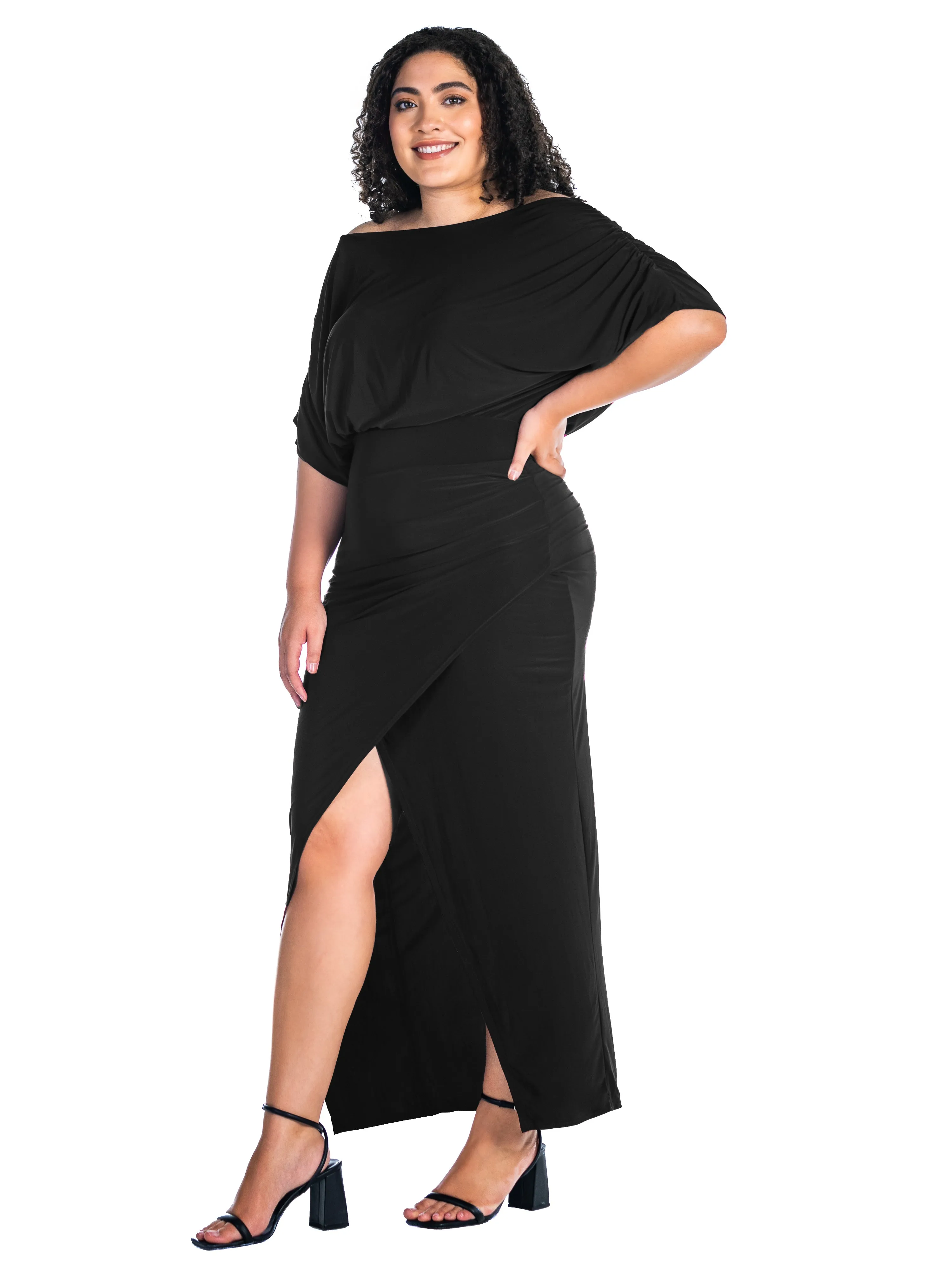 Boat Neck Batwing Sleeve Slit Plus Size Maxi Dress