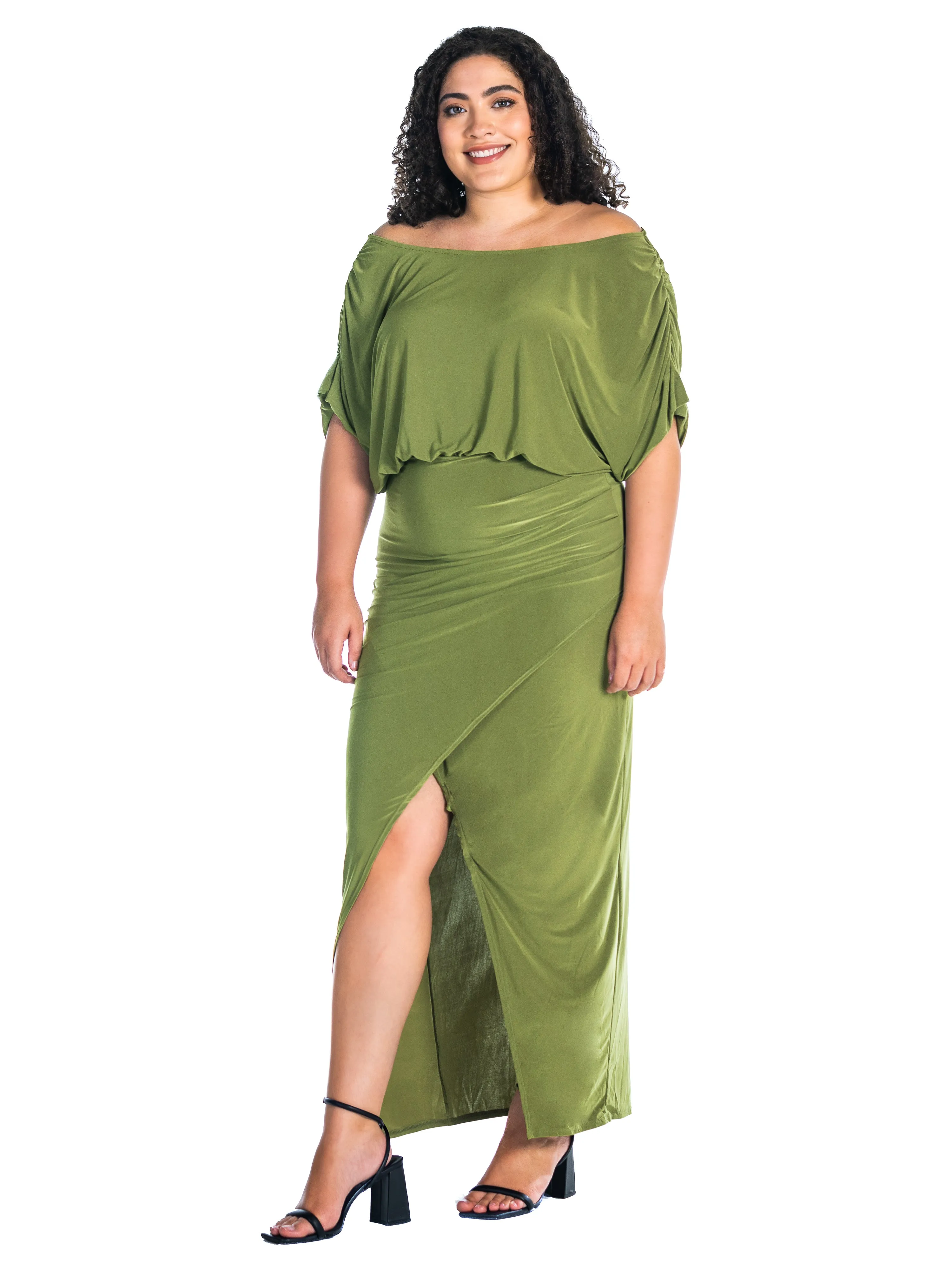 Boat Neck Batwing Sleeve Slit Plus Size Maxi Dress