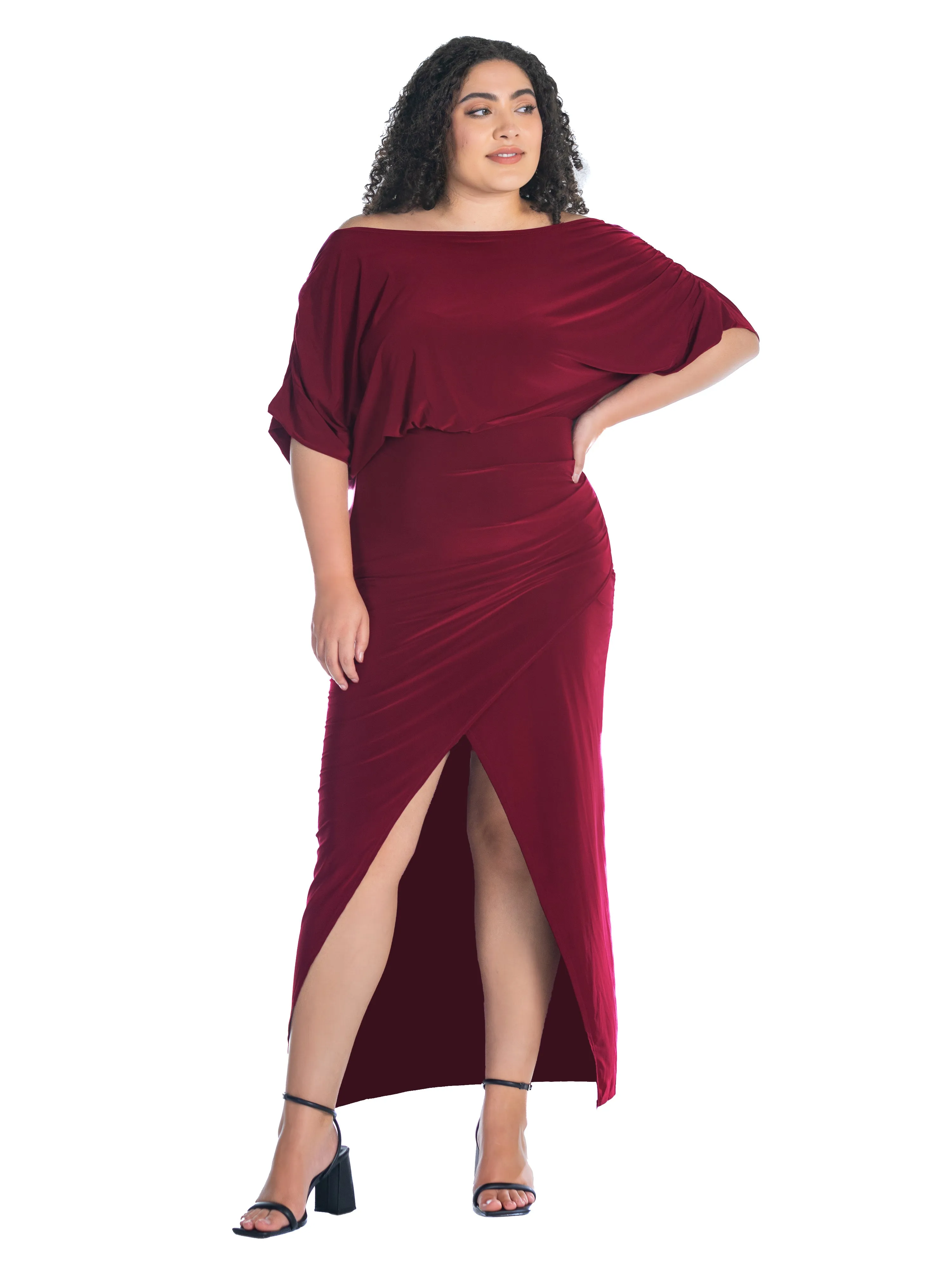 Boat Neck Batwing Sleeve Slit Plus Size Maxi Dress