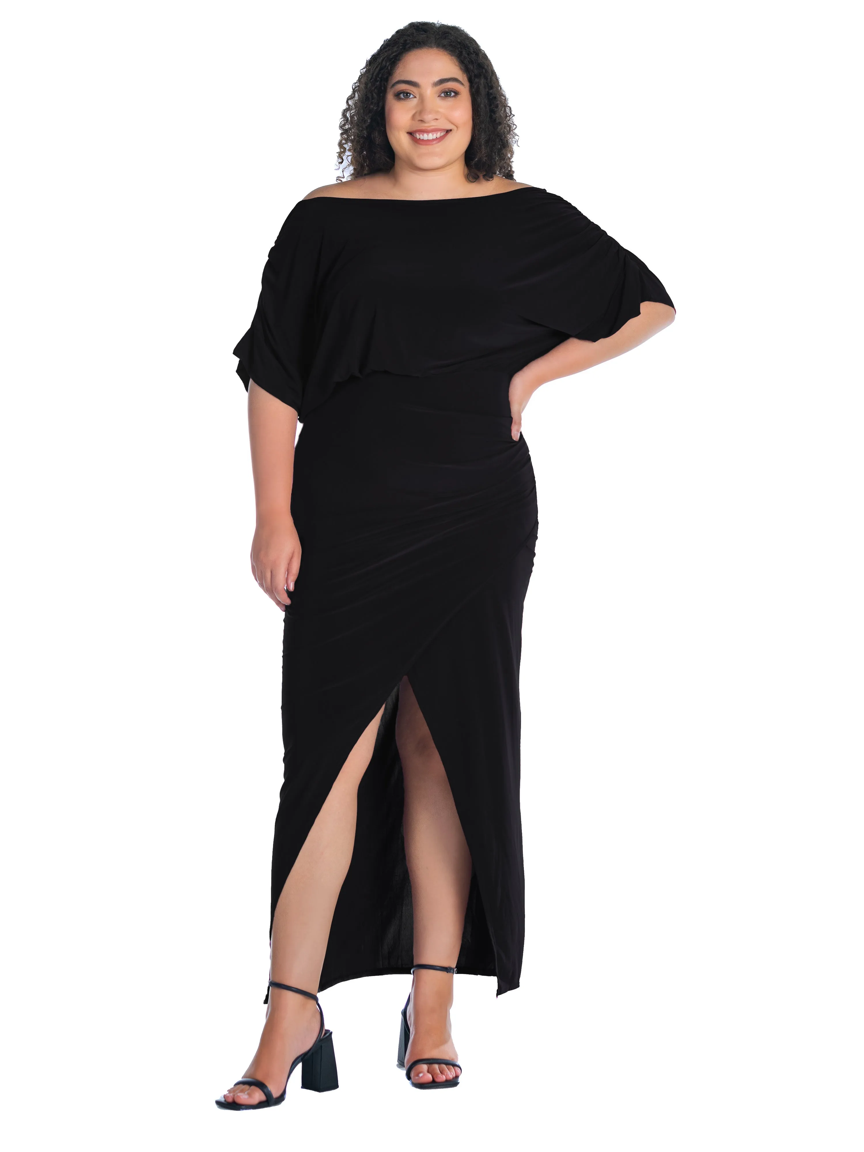 Boat Neck Batwing Sleeve Slit Plus Size Maxi Dress