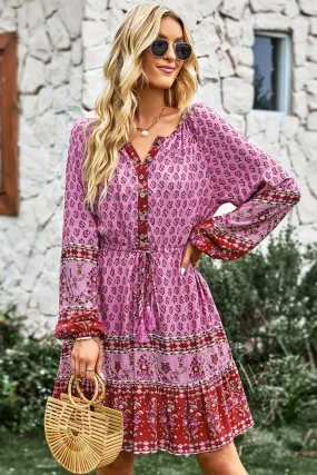 Bohemian Drawstring Waist Balloon Sleeve Dress