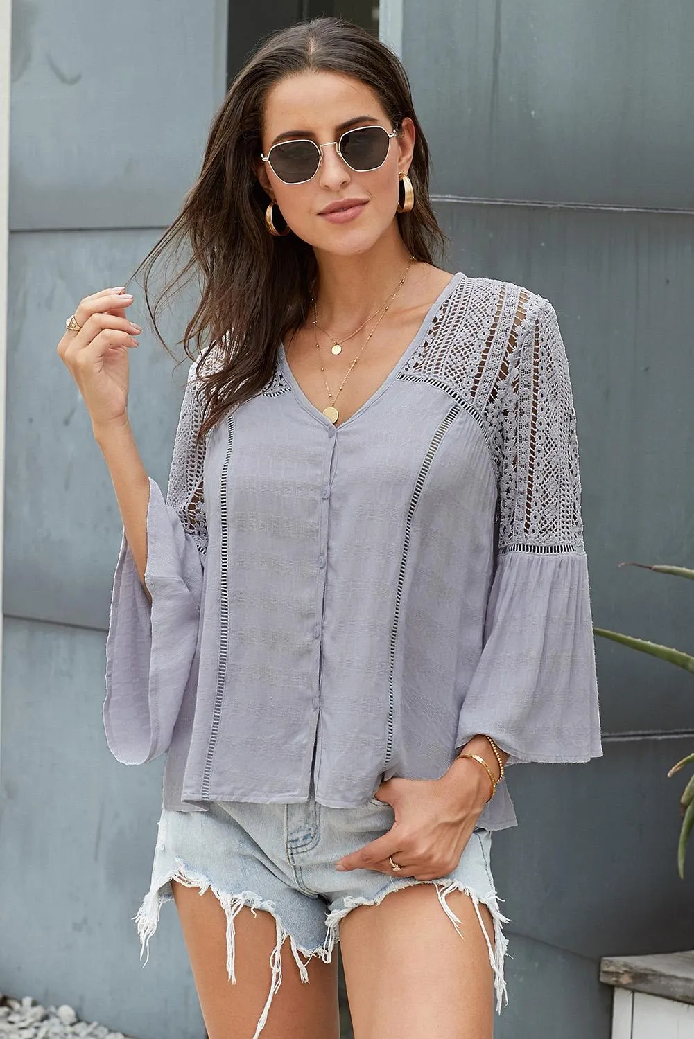 Bohemian Flare Sleeve Spliced Lace V-Neck Shirt