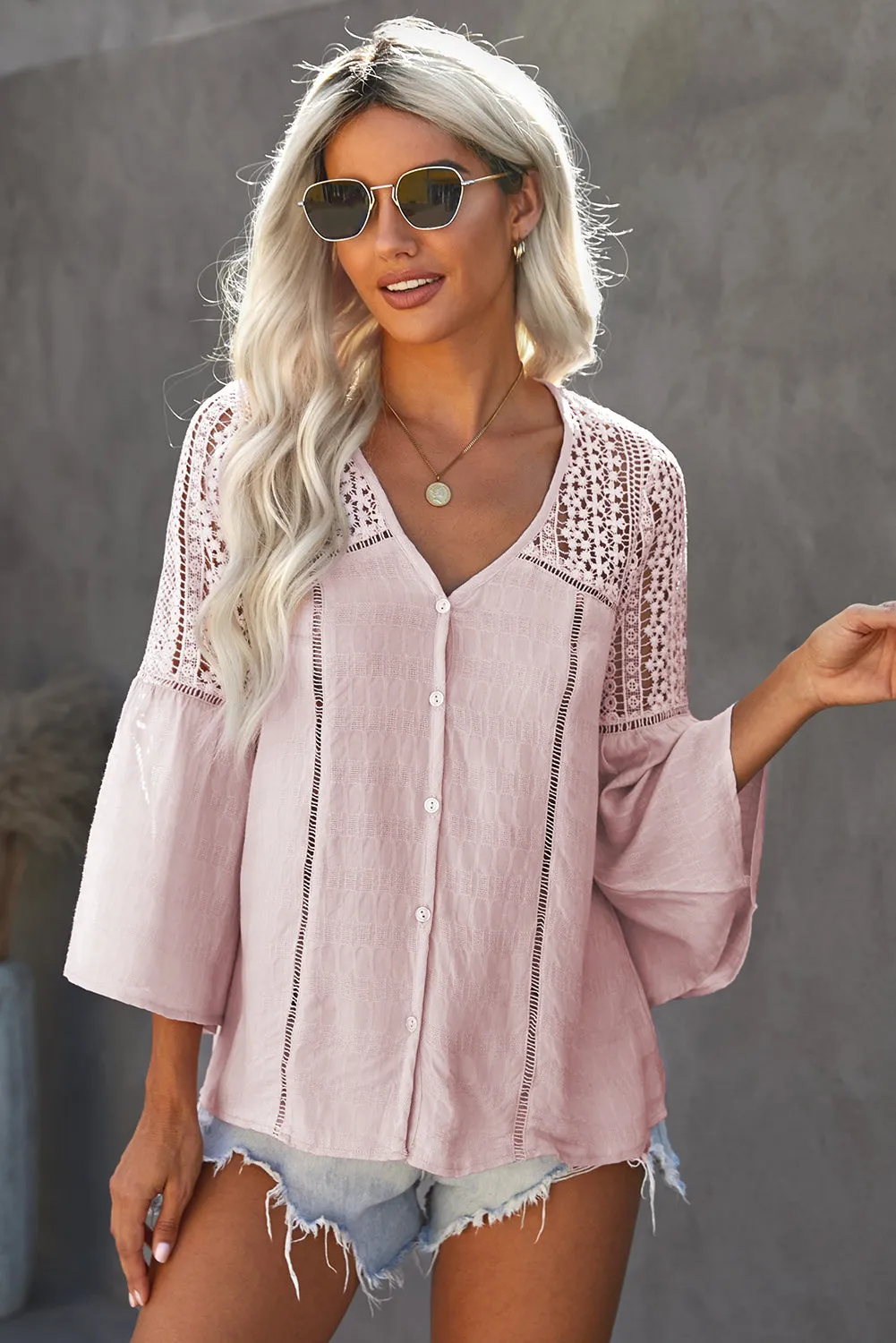 Bohemian Flare Sleeve Spliced Lace V-Neck Shirt