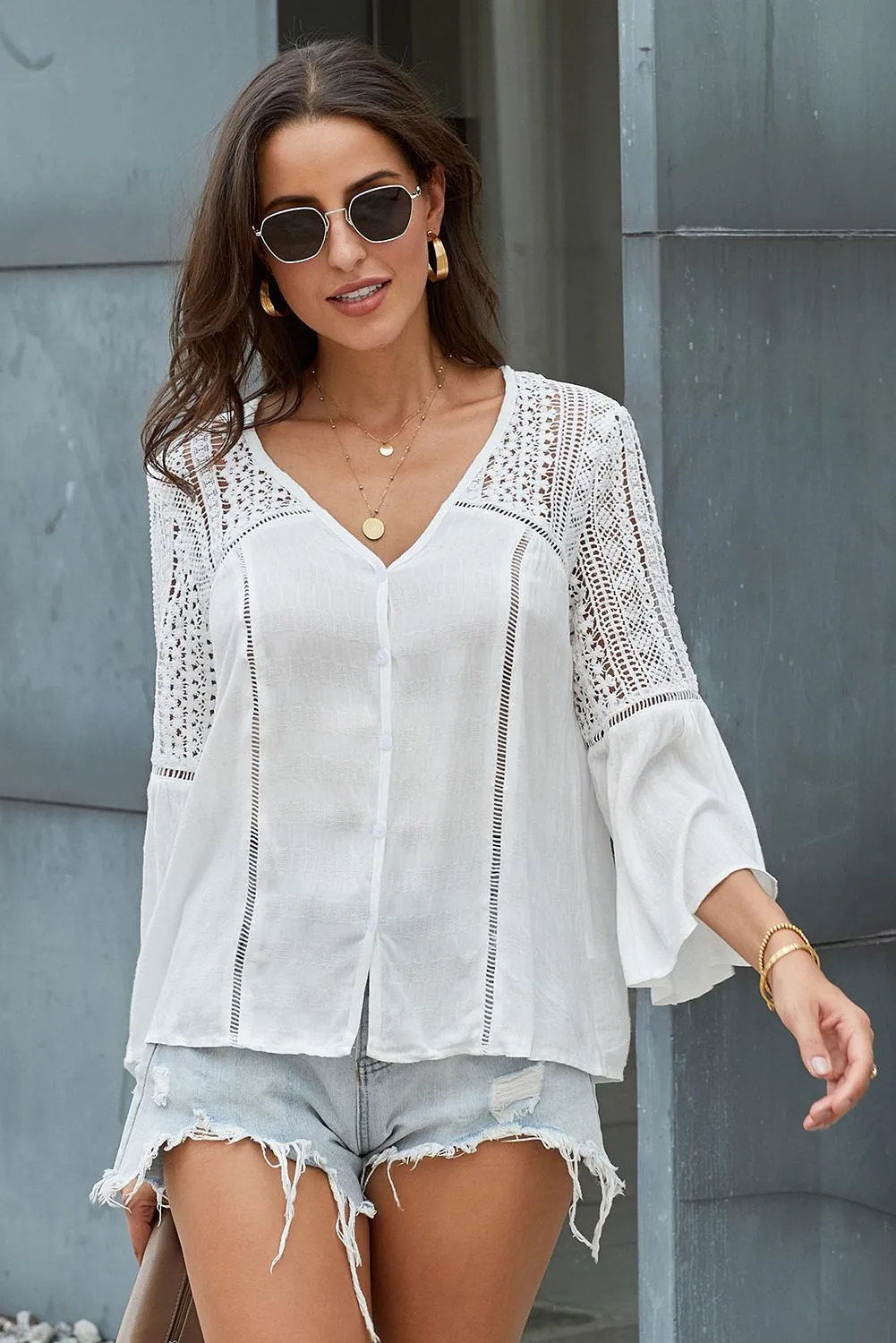 Bohemian Flare Sleeve Spliced Lace V-Neck Shirt