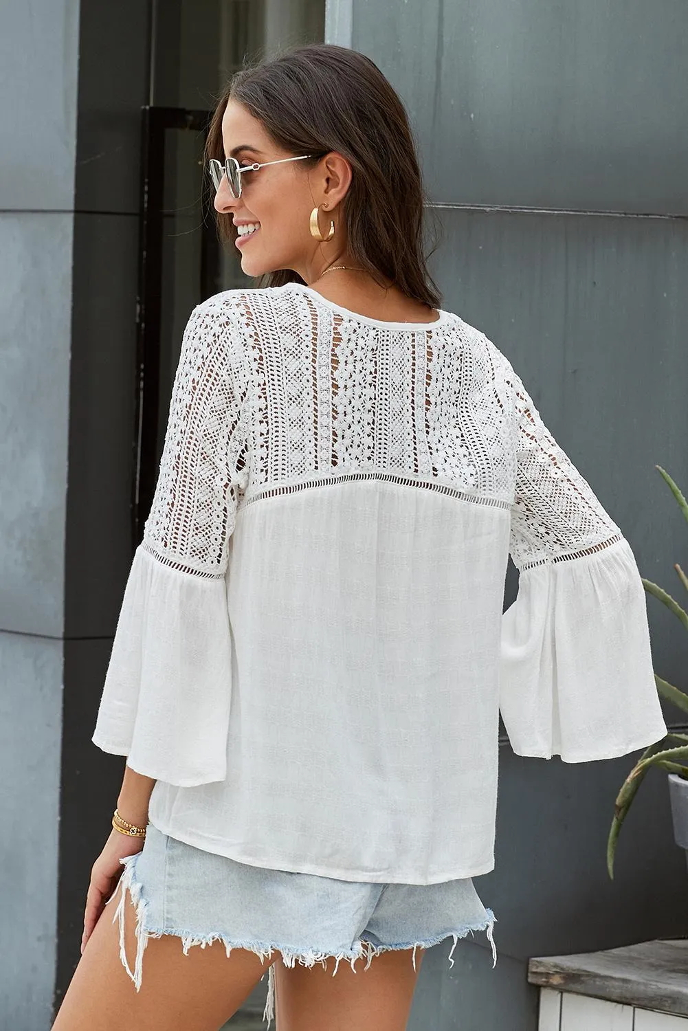 Bohemian Flare Sleeve Spliced Lace V-Neck Shirt