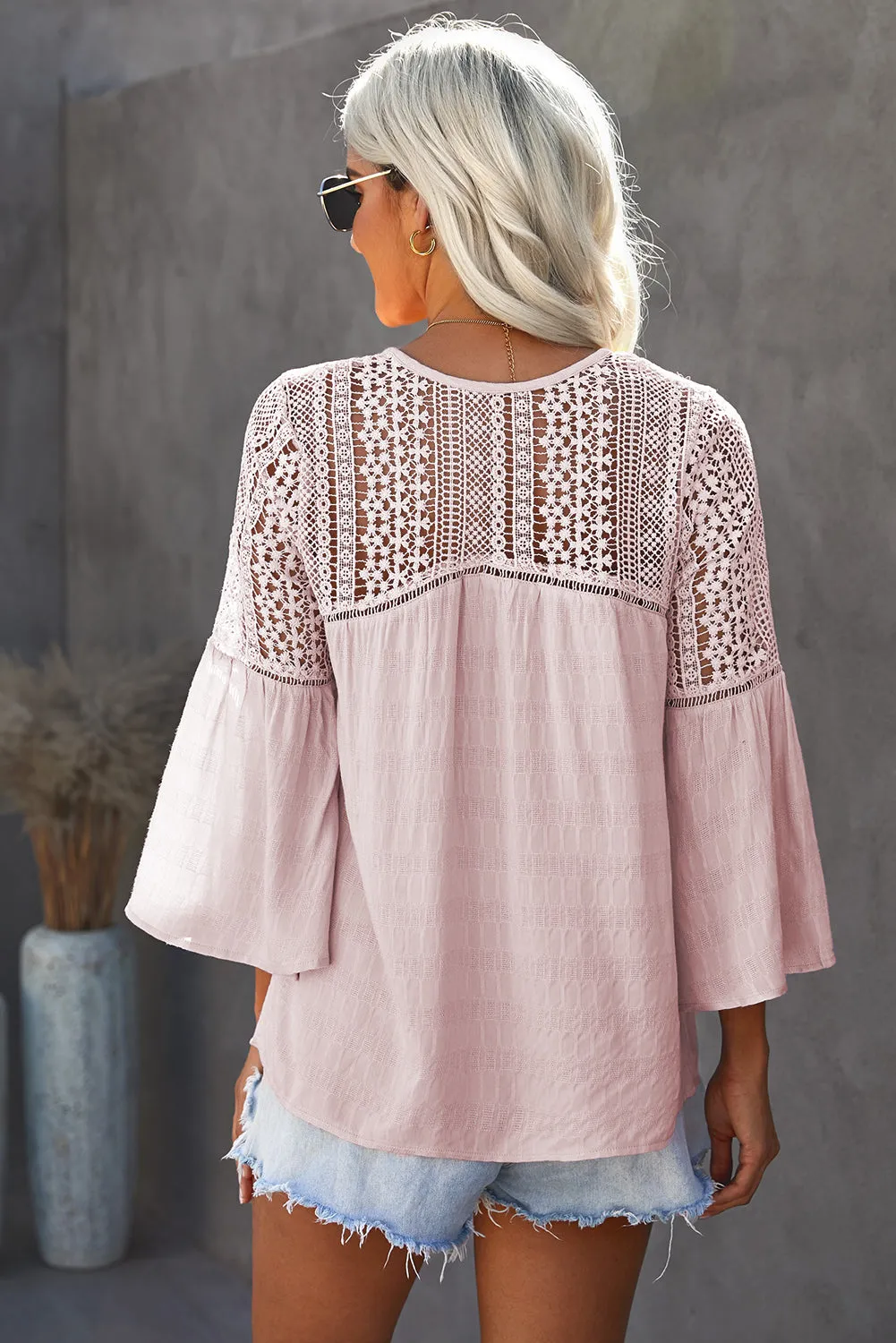 Bohemian Flare Sleeve Spliced Lace V-Neck Shirt