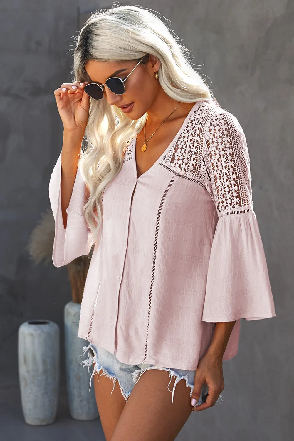 Bohemian Flare Sleeve Spliced Lace V-Neck Shirt