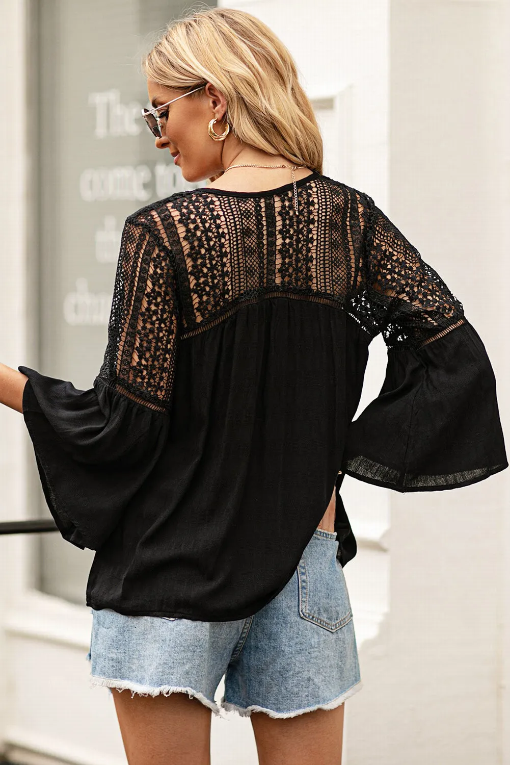 Bohemian Flare Sleeve Spliced Lace V-Neck Shirt