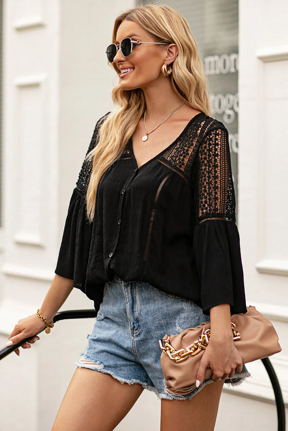 Bohemian Flare Sleeve Spliced Lace V-Neck Shirt